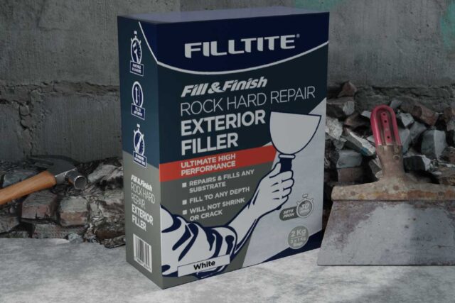 Filltite Rock Hard Repair Filler pictured on a building site with tools