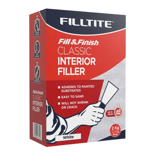 Box of Filltite classic interior filler 2.0kg front left side view